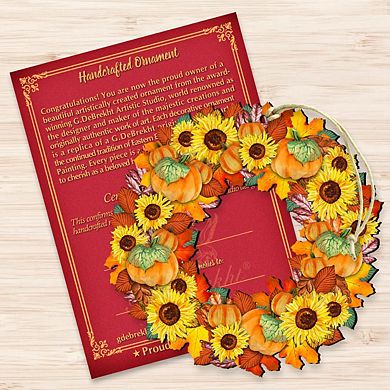 Set of 2 - Flower Fall Wreath Wooden Holiday Ornaments by G. DeBrekht - Thanksgiving Halloween Decor