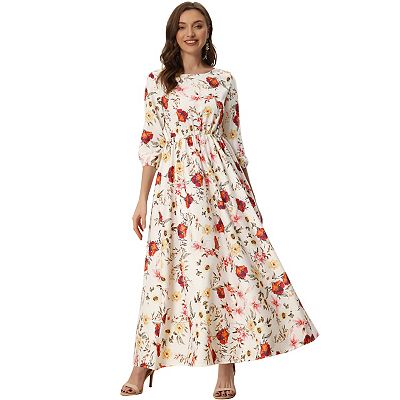 Women's Floral Maxi Dress Casual Puffy Sleeve Flowy A Line Long