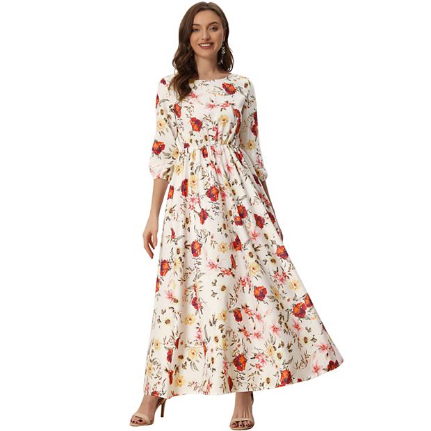 Women s Floral Maxi Dress Casual Puffy Sleeve Flowy A Line Long Dresses