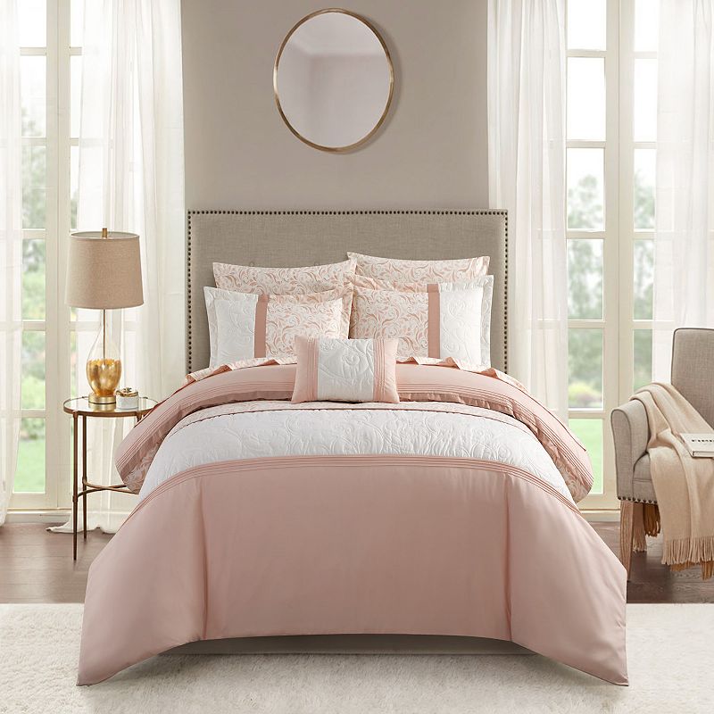 Chic Home Ava Comforter Set Color Block Floral Pleated Stitching Print Details Design Bed In A Bag Bedding - Sheets Pillowcases Decorative Pillow Shams Included - 8 Piece - King 106x92   Blush