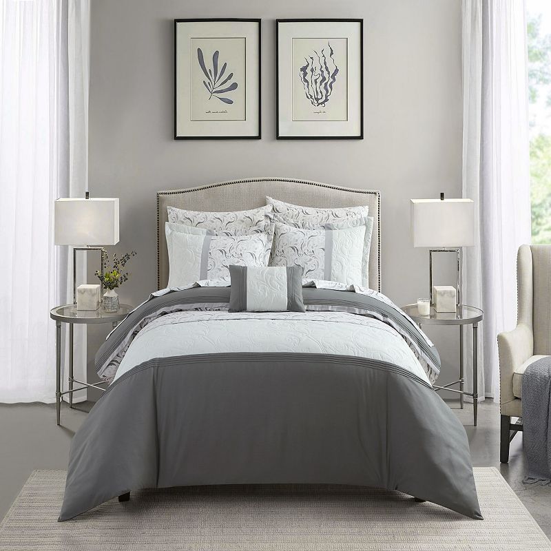 Chic Home Ava Comforter Set Color Block Floral Pleated Stitching Print Details Design Bed In A Bag Bedding - Sheets Pillowcases Decorative Pillow Shams Included - 8 Piece - Queen 90x92   Grey