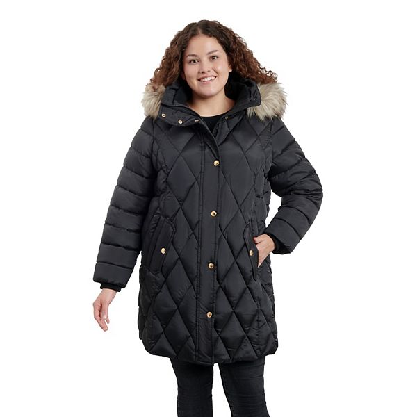 Plus Size London Fog FauxFur Hood Diamond Quilt Puffer Jacket