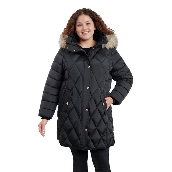 Plus Size London Fog Faux-Fur Hood Diamond Quilt Puffer Jacket