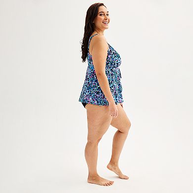 Plus Size Bal Harbour Abstract Neon One Piece Fauxkini Swim Suit