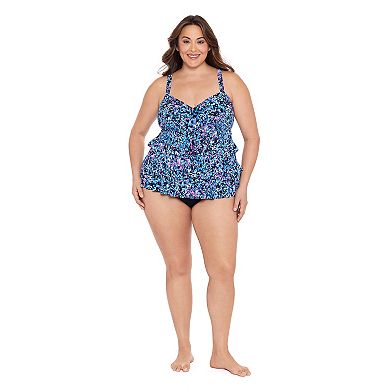 Plus Size Bal Harbour Abstract Neon One Piece Fauxkini Swim Suit