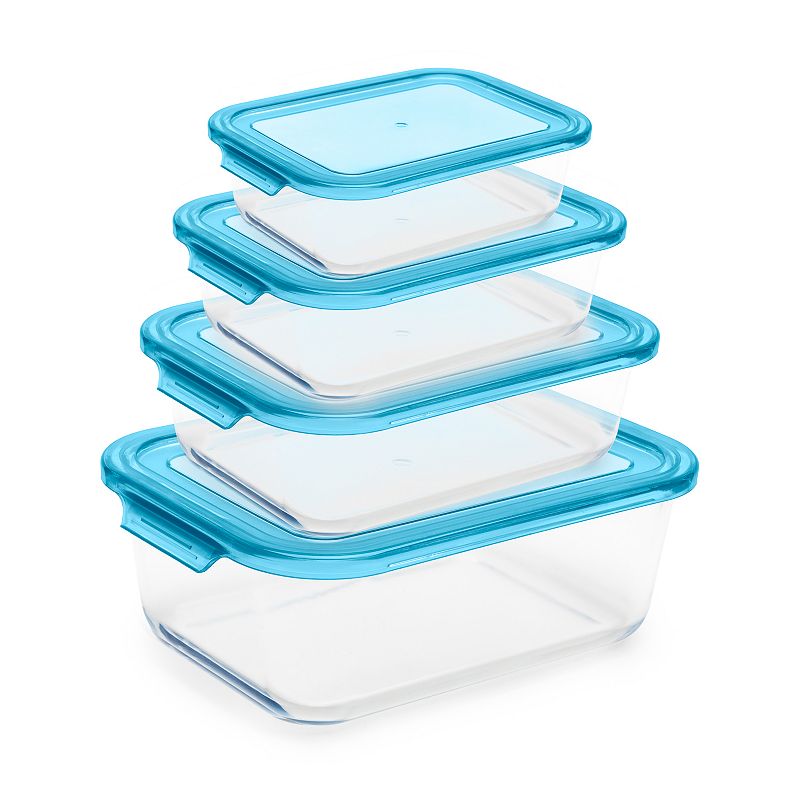 OXO Good Grips Smart Seal Leakproof Glass Food Storage Container  Set,Clear,8 Piece Rectangle,Blue
