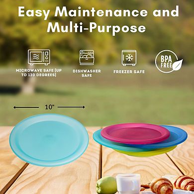 Colorful Plastic Reusable 10 inch Dinner Plates, 4 Pack
