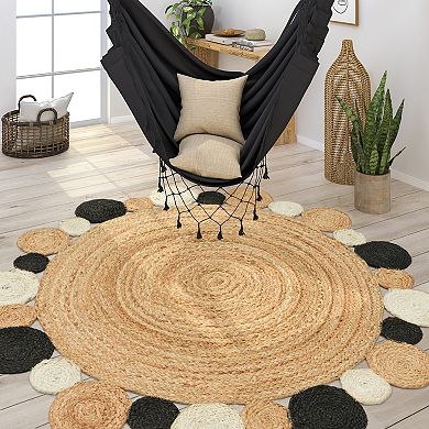 Hand-Woven Jute Rug Round with Natural Jute Fibers and Circles