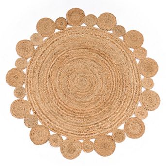 Hand-Woven Jute Rug Round with Natural Jute Fibers and Circles