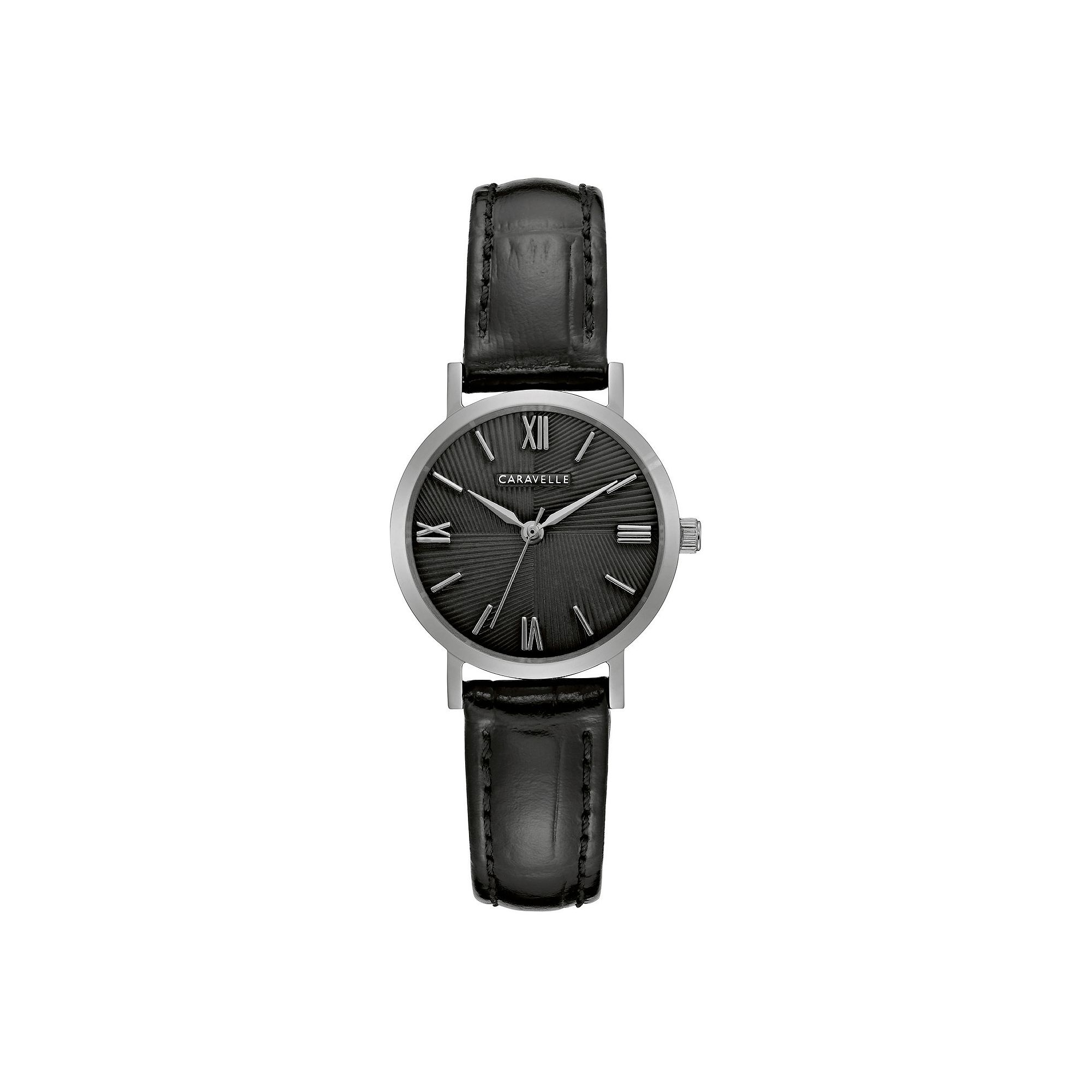 Caravelle by Bulova Womens Stainless Steel Black Dial Leather Strap Watch 