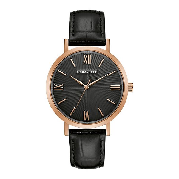 Caravelle by Bulova Men's Rose-Toned Stainless Steel Black Dial Leather ...