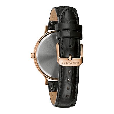 Caravelle by Bulova Men's Rose-Toned Stainless Steel Black Dial Leather Strap Watch - 44A117