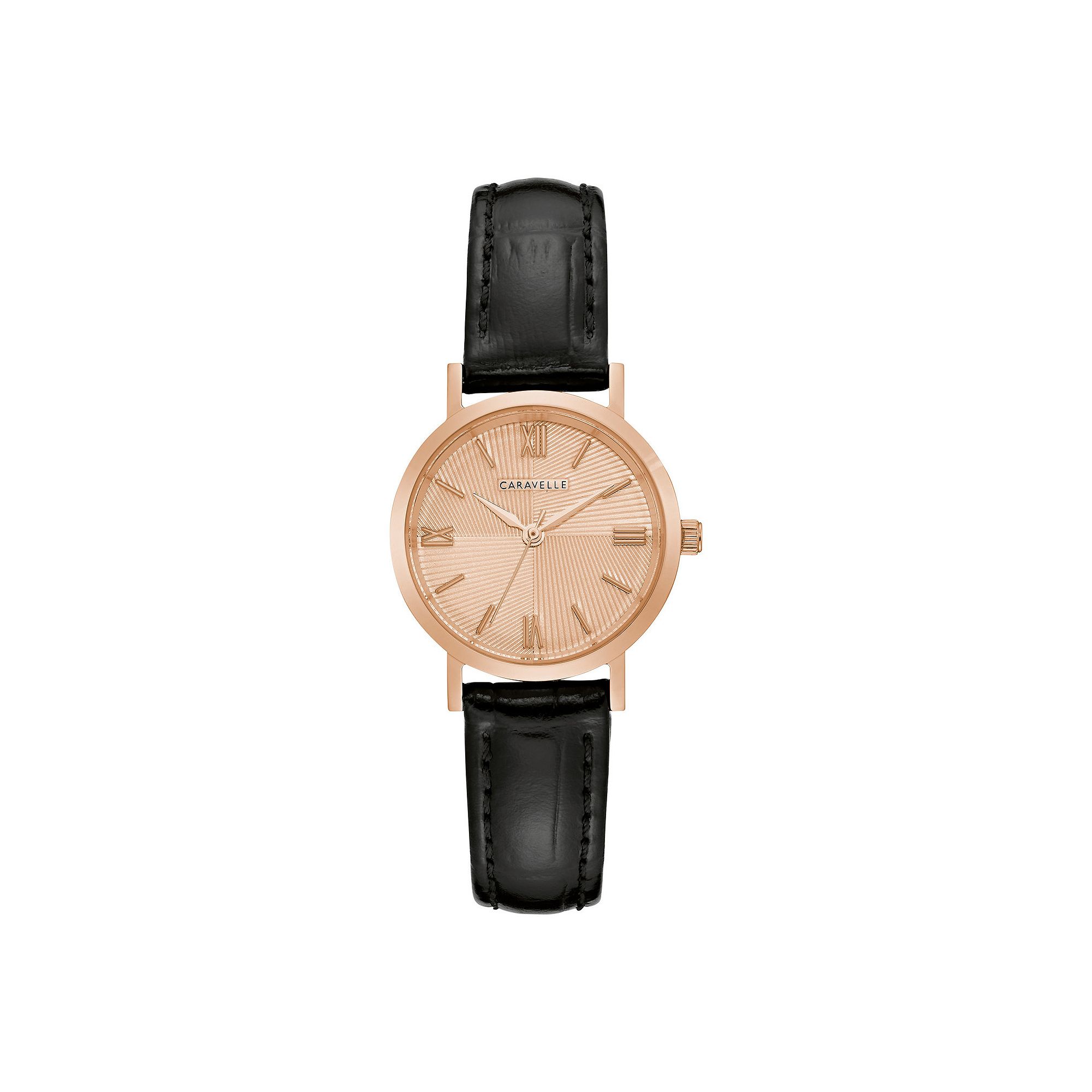 Caravelle by Bulova Womens Rose-Tone Stainless Steel Black Leather Strap W