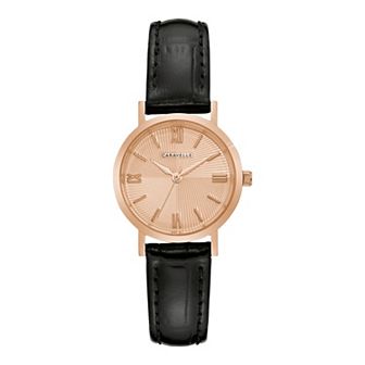Caravelle by Bulova Women's Rose-Tone Stainless Steel Black Leather Strap Watch - 44L259