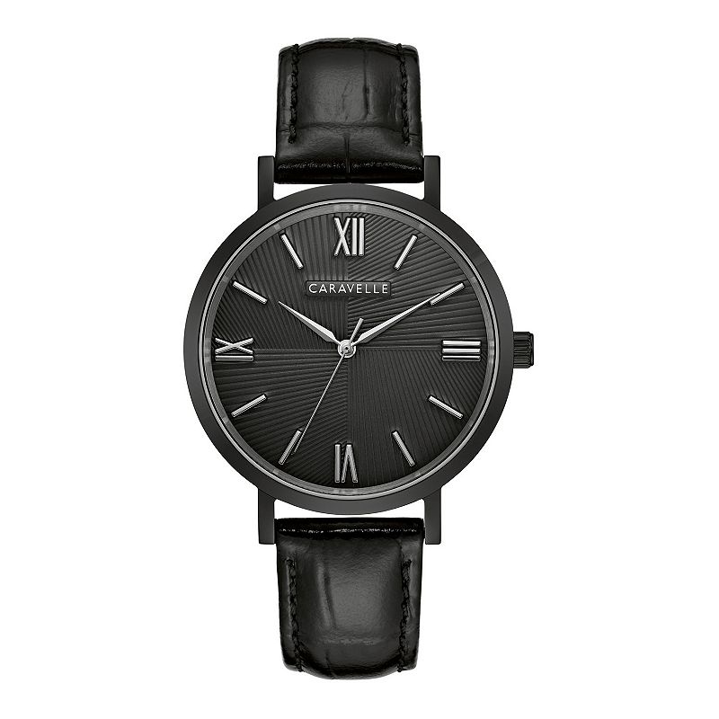 Caravelle by Bulova Men's Black Stainless Steel Leather Strap Watch - 45A148, Size: Large