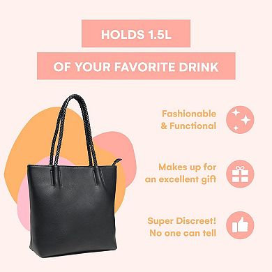 Double Pour Vegan Leather Tote Bag With Hidden Insulated Flask Compartment, Dispenser And Spout