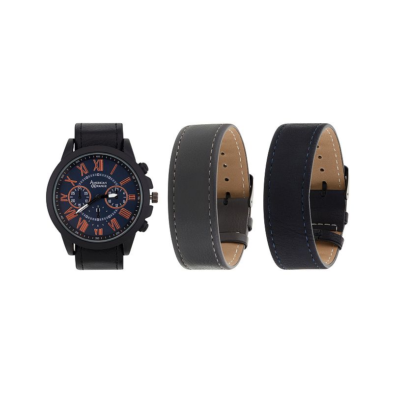American Exchange Men's Round Analog Watch with Black, Gray & Navy Interchangeable Straps, Size: Large