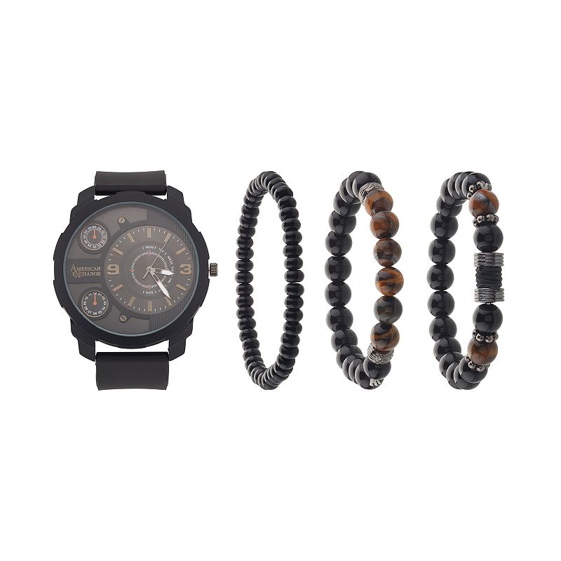 American Exchange Men's Black Case Chronograph Watch & Stackable Bracelet Set, Size: Large
