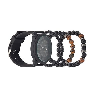 American Exchange Men's Black Case Chronograph Watch & Stackable Bracelet Set