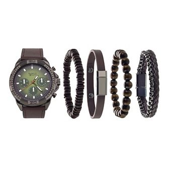 American Exchange Men's Dark Brown Analog Watch & Stackable Bracelet Set