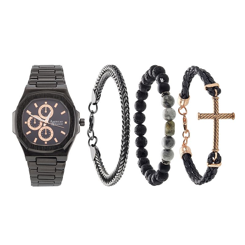 American Exchange Men's Analog Watch & Stackable Bracelet Set, Size: Large, Black