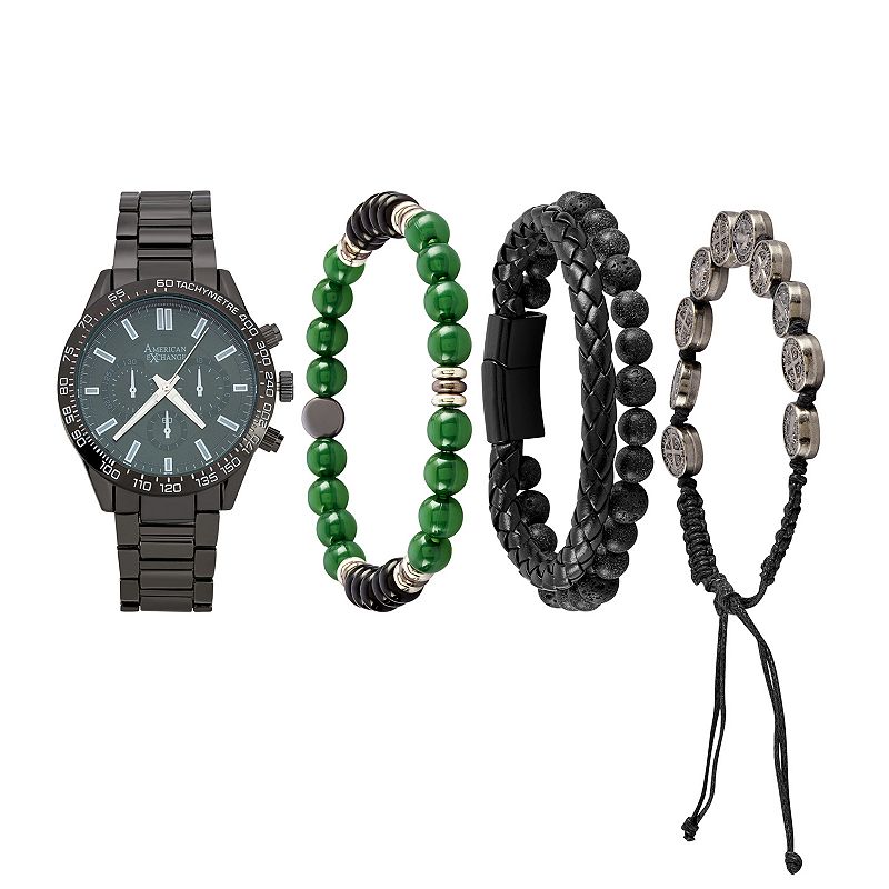 American Exchange Men's Analog Watch & Stackable Bracelet Set, Size: Large, Black