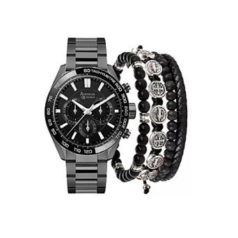American Exchange Men's Gunmetal Tone Chronograph Watch & Stackable Bracelet Set