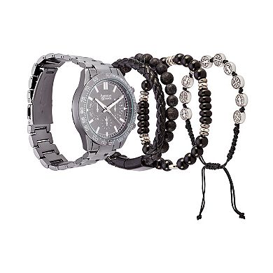 American Exchange Men's Gunmetal Tone Chronograph Watch & Stackable Bracelet Set