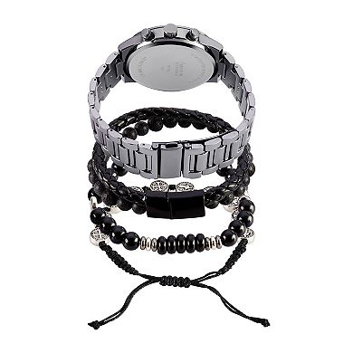 American Exchange Men's Gunmetal Tone Chronograph Watch & Stackable Bracelet Set