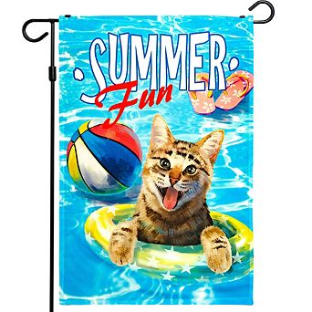 G128 Garden Flag Summer Fun with Cat in Pool 12"x18"