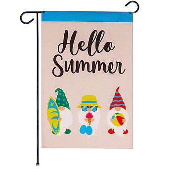 G128 Garden Flag Hello Summer 3 Beach-Ready Gnomes 12"x18" Burlap