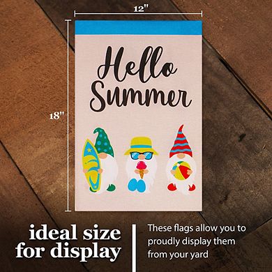 G128 Garden Flag Hello Summer 3 Beach-Ready Gnomes 12"x18" Burlap