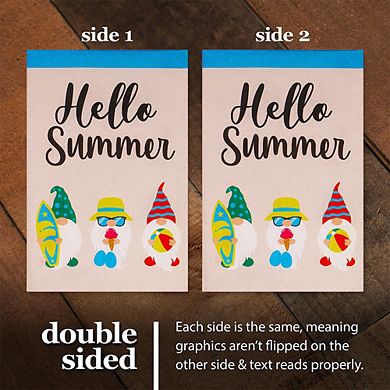 G128 Garden Flag Hello Summer 3 Beach-Ready Gnomes 12"x18" Burlap
