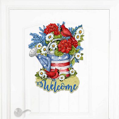 American Watering Can 20-Inch Handcrafted Wooden Door Décor by Susan Winget - Patriotic Decor
