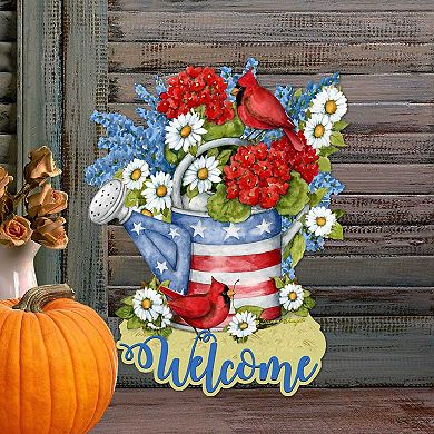 American Watering Can 20-Inch Handcrafted Wooden Door Décor by Susan Winget - Patriotic Decor