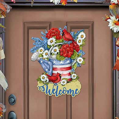 American Watering Can 20-Inch Handcrafted Wooden Door Décor by Susan Winget - Patriotic Decor