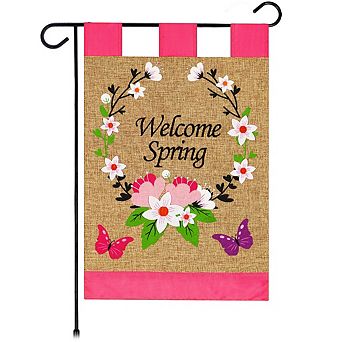 G128 Garden Flag Welcome Spring Flower Wreath and Butterflies 12"x18" Blockout