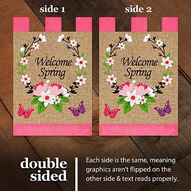 G128 Garden Flag Welcome Spring Flower Wreath and Butterflies 12"x18" Blockout