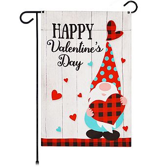 G128 Garden Flag Happy Vday Gnome Holding Plaid Heart 12"x18" Blockout