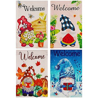 G128 Garden Flag Seasonal Gnomes Set #1 12"x18" Blockout 4 pc