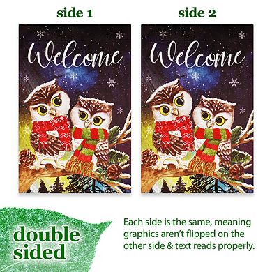 G128 Garden Flag Welcome Cozy Owls with Scarves 12"x18" Blockout