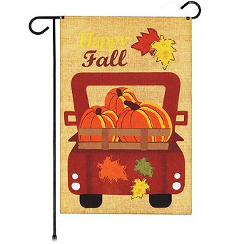 G128 Garden Flag Happy Fall Pumpkins in Truck Bed 12"x18" Burlap