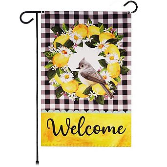 G128 Garden Flag Welcome Bird with Fruit Wreath 12"x18" Blockout