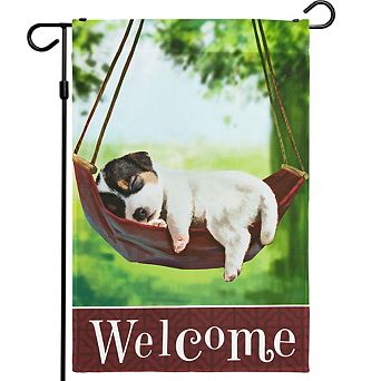 G128 Garden Flag Welcome Sleeping Puppy 12"x18" 150D
