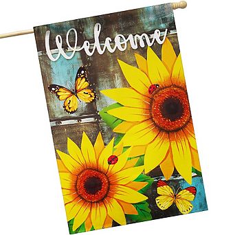 G128 House Flag Welcome Sunflowers and Butterflies 28"x40" Blockout