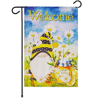 G128 Garden Flag Welcome Bee Gnome with Honey 12"x18" Blockout
