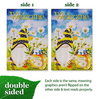 G128 Garden Flag Welcome Bee Gnome with Honey 12"x18" Blockout