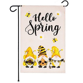 G128 Garden Flag Hello Spring 3 Bee Gnomes 12"x18" Burlap