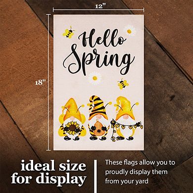 G128 Garden Flag Hello Spring 3 Bee Gnomes 12"x18" Burlap