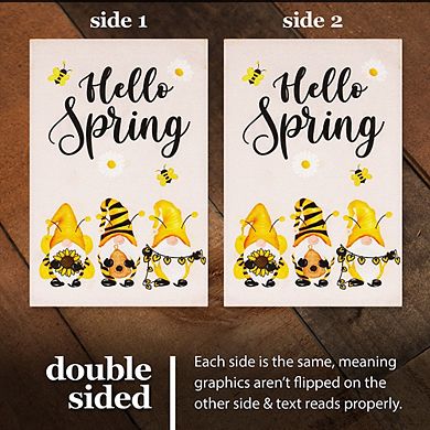 G128 Garden Flag Hello Spring 3 Bee Gnomes 12"x18" Burlap